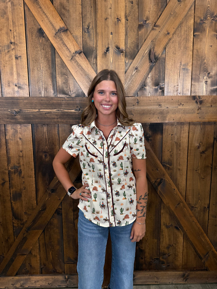 L&B Ivory Western Desert Printed Button Down Top