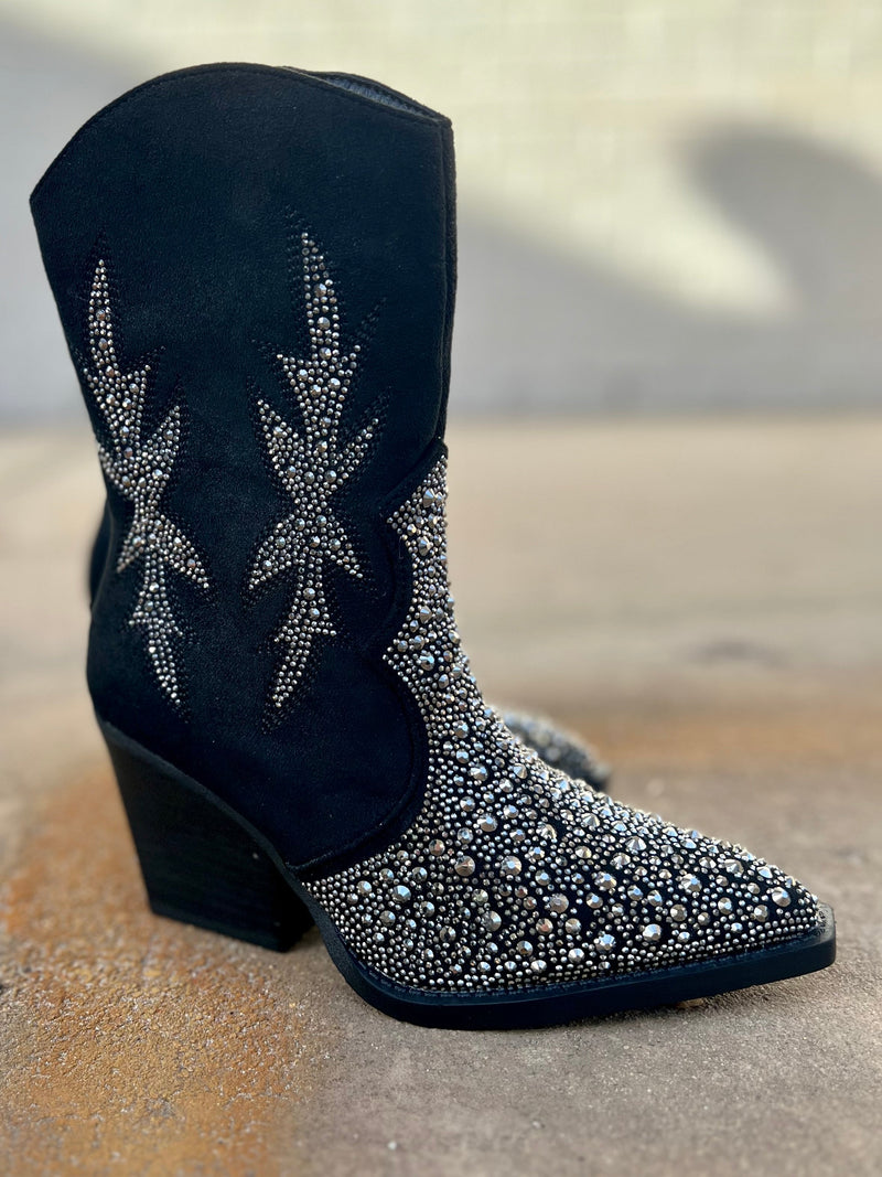  Very G shoes. Black western style boots. Boots western stitching. Boots with rhinestones. Silver rhinestone boots. Women's western boots. Women's Western Wear. Women's Western Boutique. Women's boutique. Fancy boots. Cowgirl style. Boutique. Online boutique. Small business.