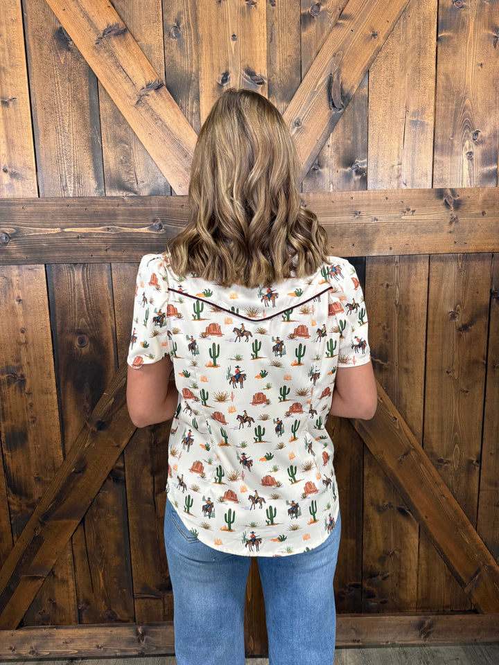 L&B Ivory Western Desert Printed Button Down Top