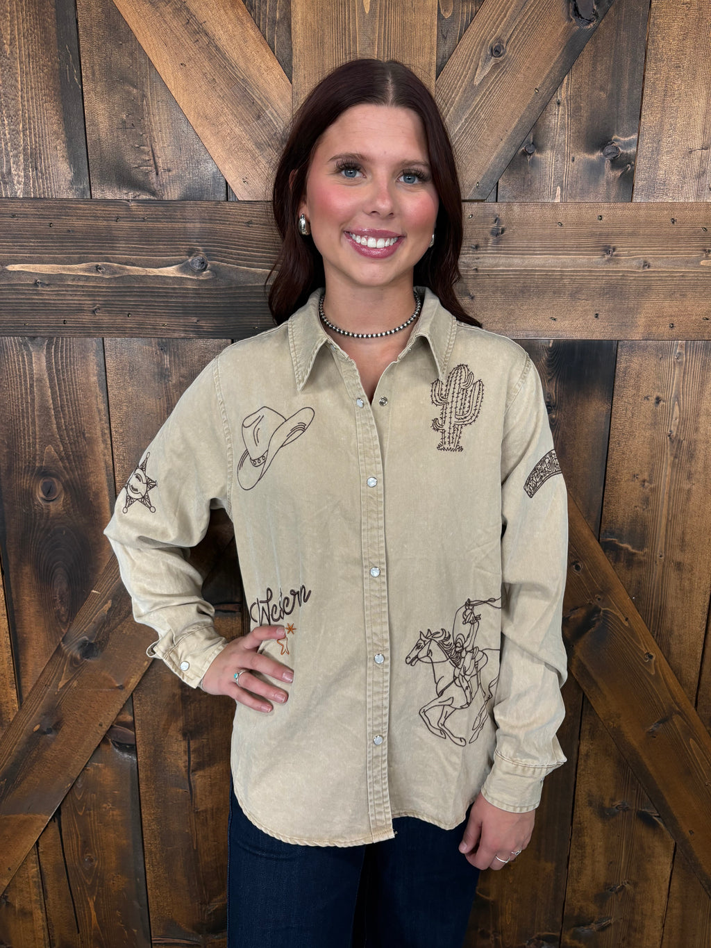Taupe Western Embroidered Snap Button Top