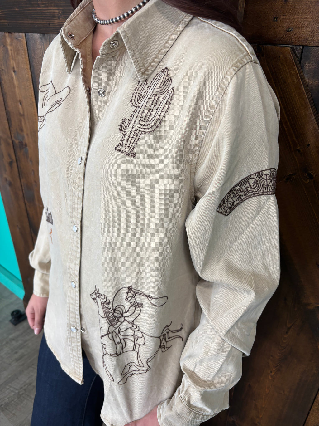 Taupe Western Embroidered Snap Button Top