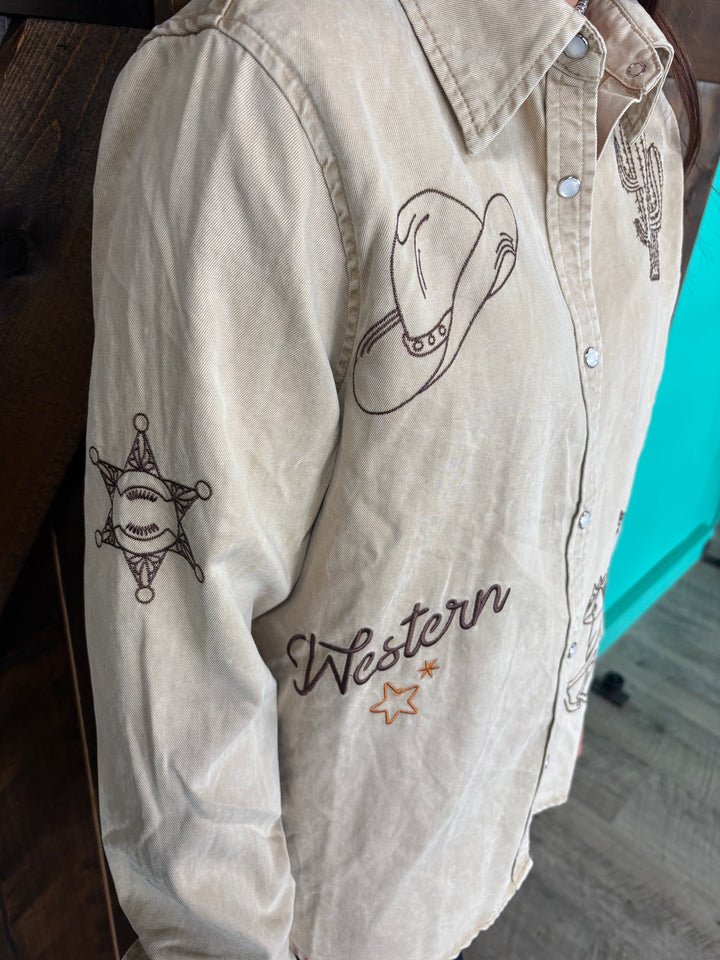 Taupe Western Embroidered Snap Button Top