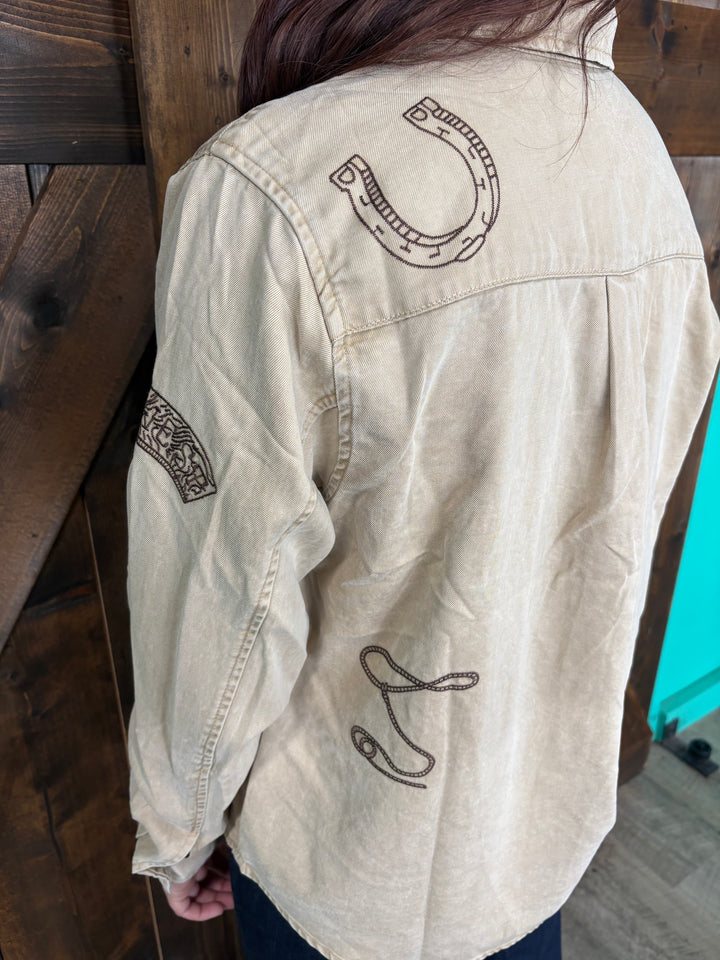 Taupe Western Embroidered Snap Button Top