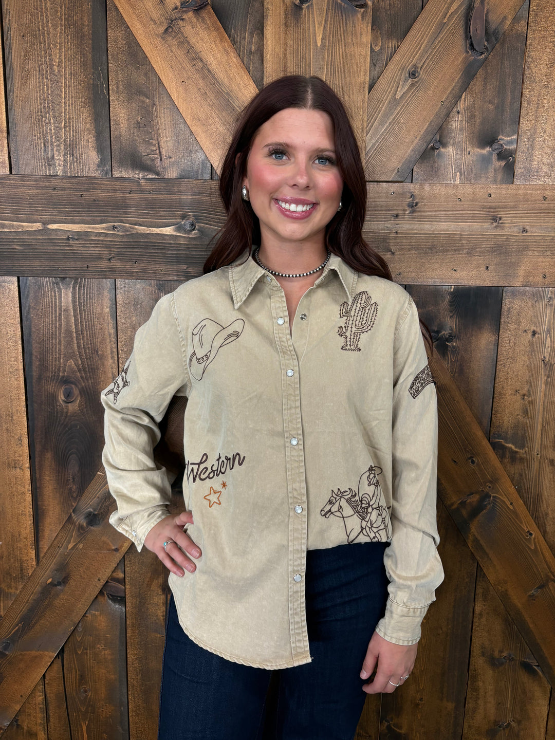 Taupe Western Embroidered Snap Button Top