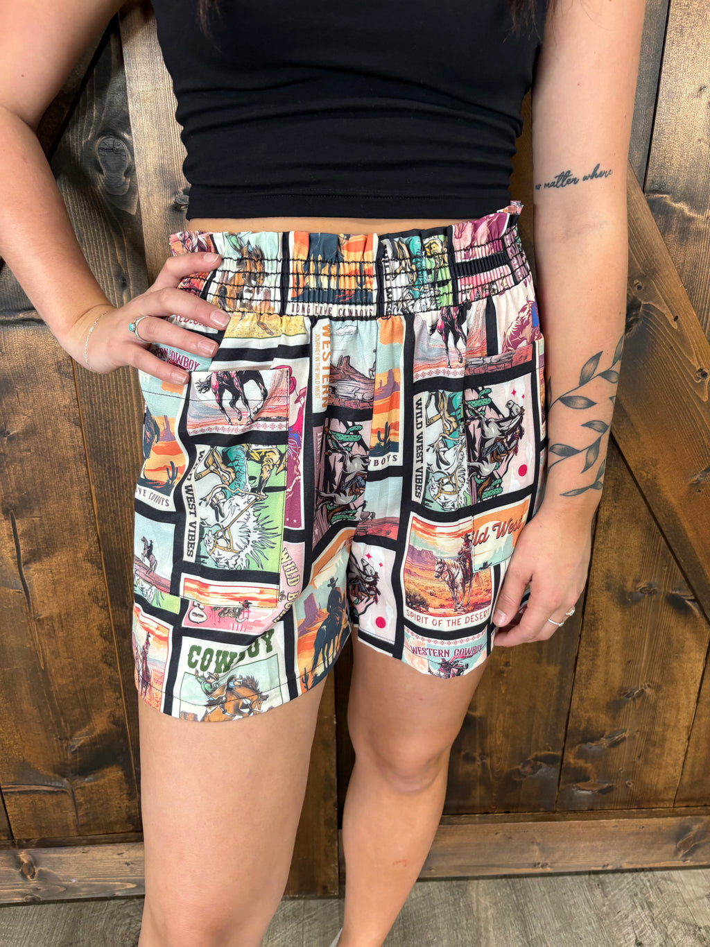 Vintage Western Print Smock Woven Shorts