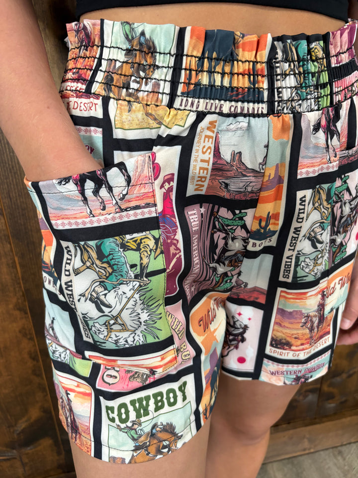 Vintage Western Print Smock Woven Shorts