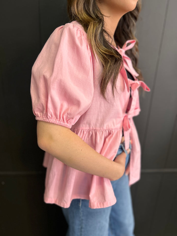 Short Sleeve Woven Front Bow Tie Top - 5 Colors*