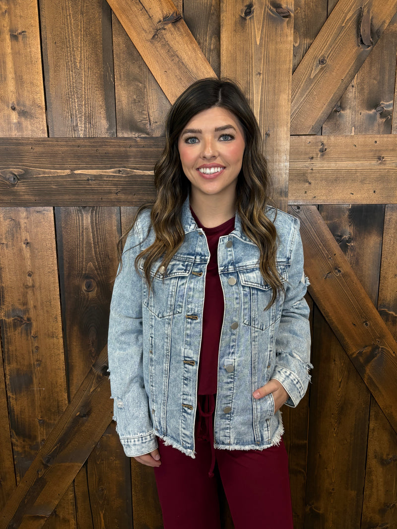 Distressed Raw Hem Denim Jacket I Gussied Up Online Boutique – gussied ...