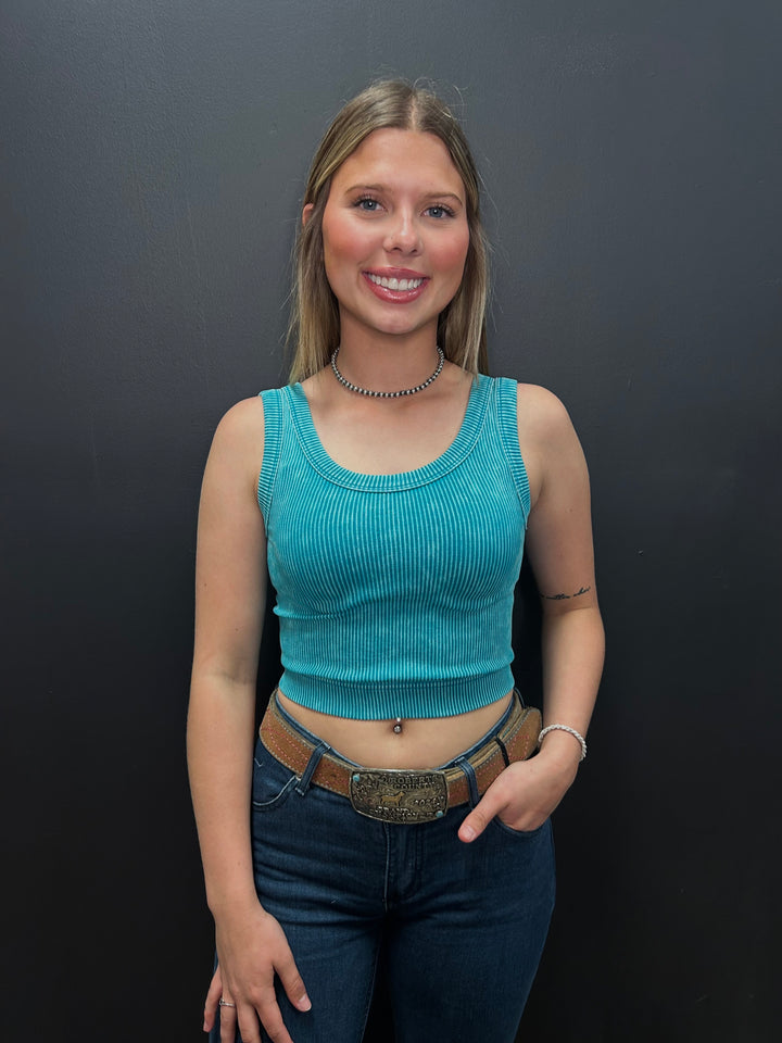 Light Teal Stone Washed Ribbed Seamless Top
