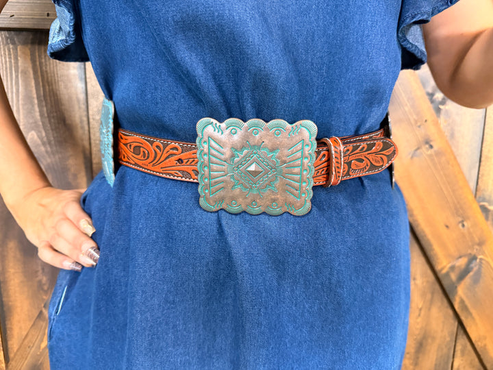 Brown Tooled Genuine Leather Bronze Concho Belt