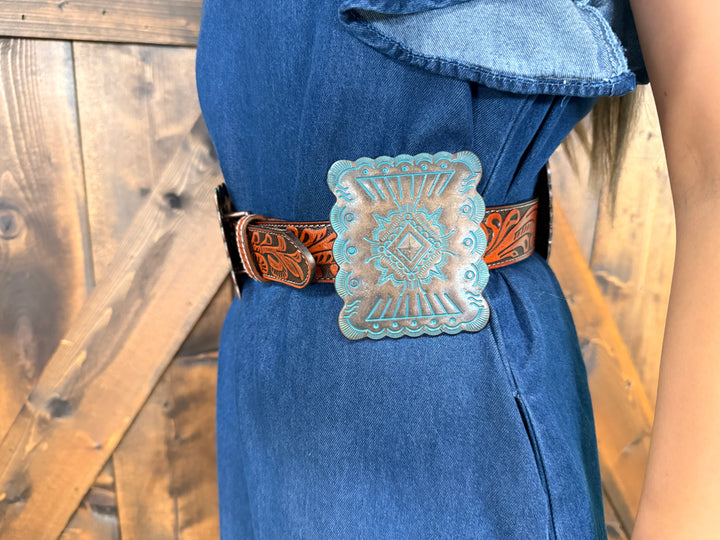Brown Tooled Genuine Leather Bronze Concho Belt