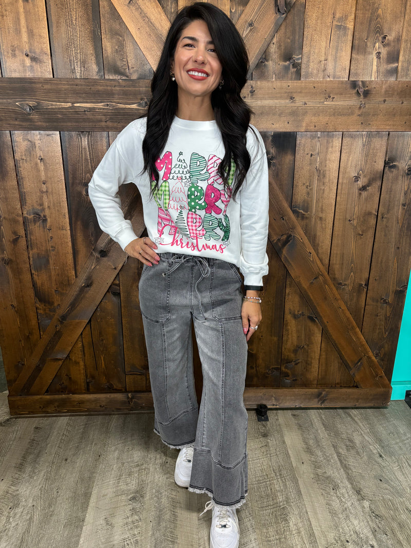 Grey Denim Raw Hem Seam Detail Wide Leg Pants