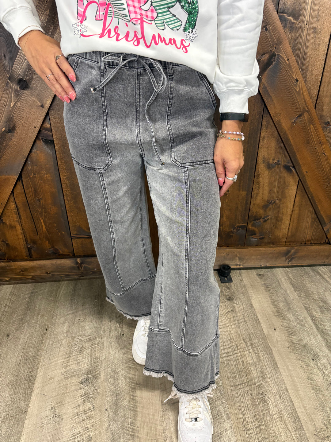Grey Denim Raw Hem Seam Detail Wide Leg Pants