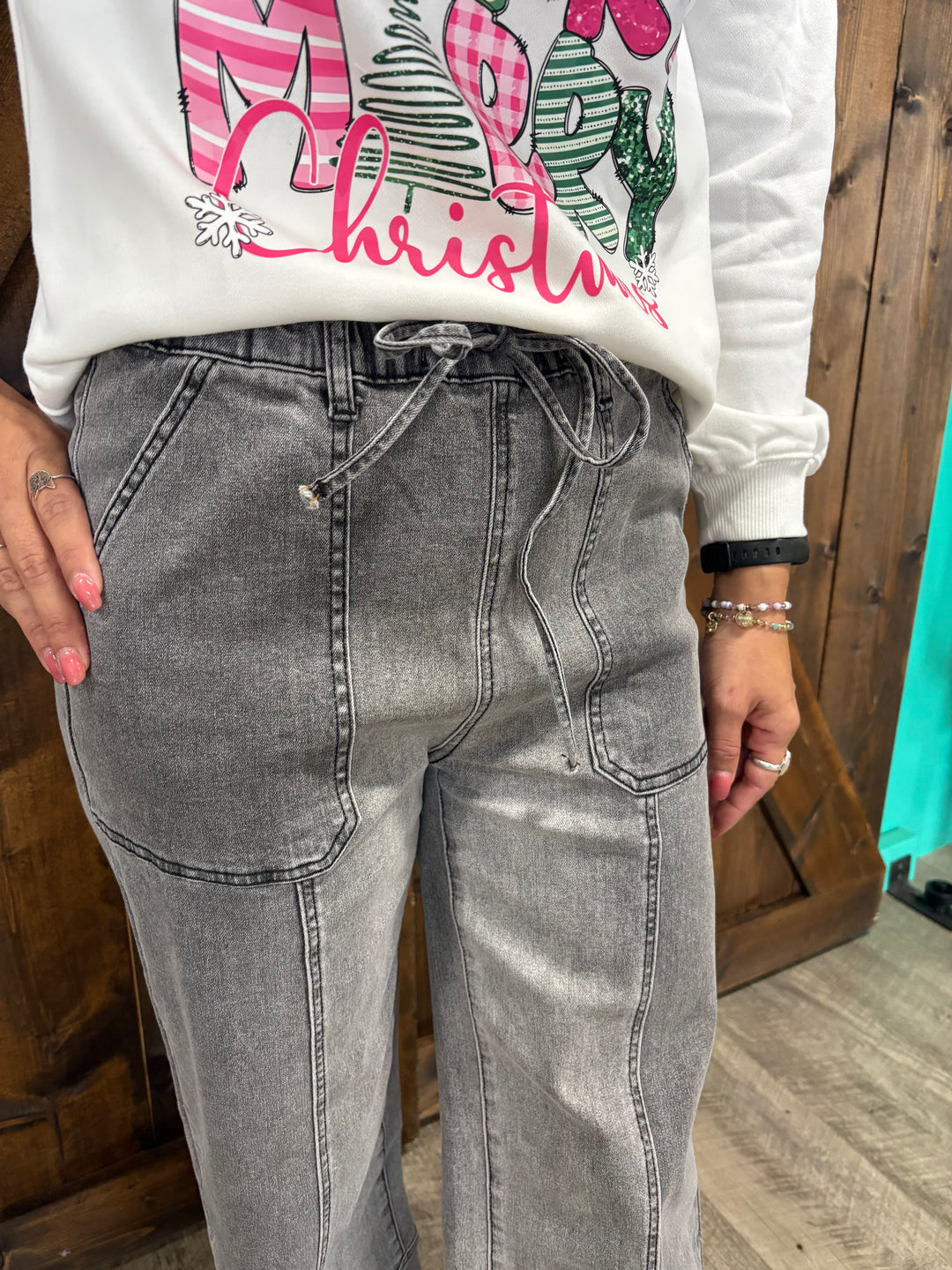 Grey Denim Raw Hem Seam Detail Wide Leg Pants