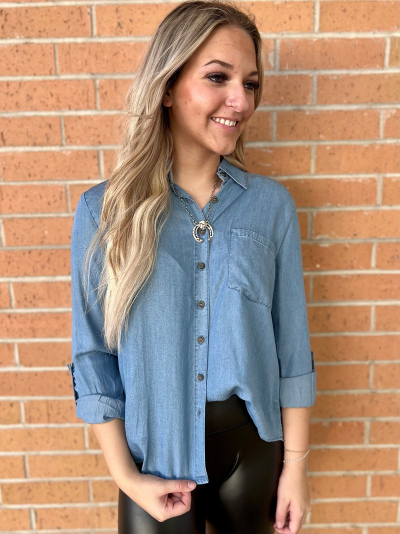 Chambray Rolled Tab Sleeve Top