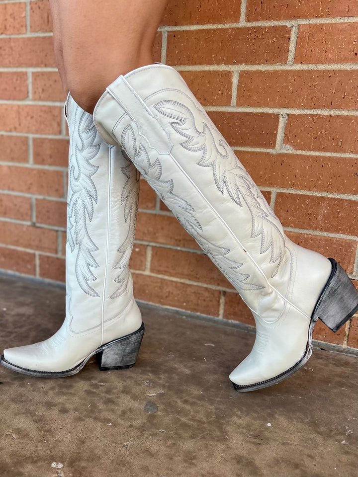 Tanner Mark White Knee High Boots | gussieduponline
