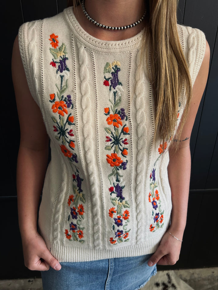 Embroidered Floral Cable Knit Sweater Vest*