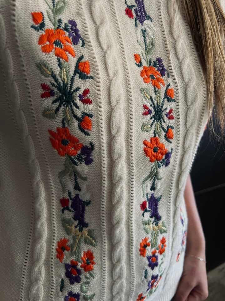 Embroidered Floral Cable Knit Sweater Vest*