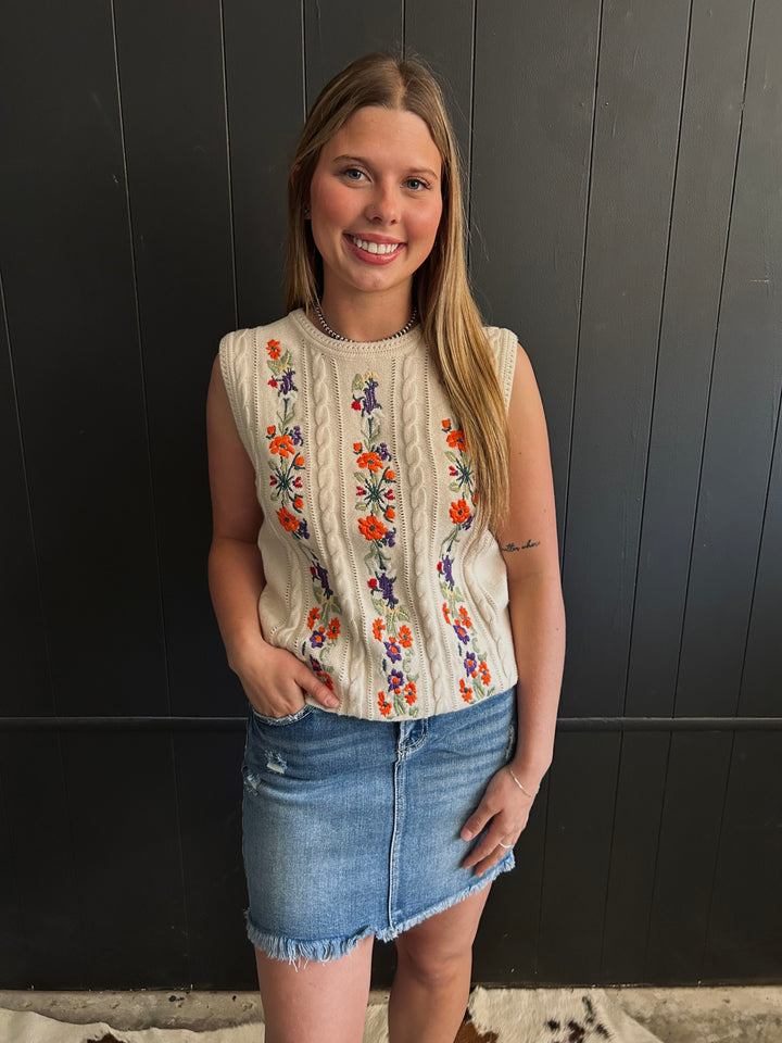 Embroidered Floral Cable Knit Sweater Vest*