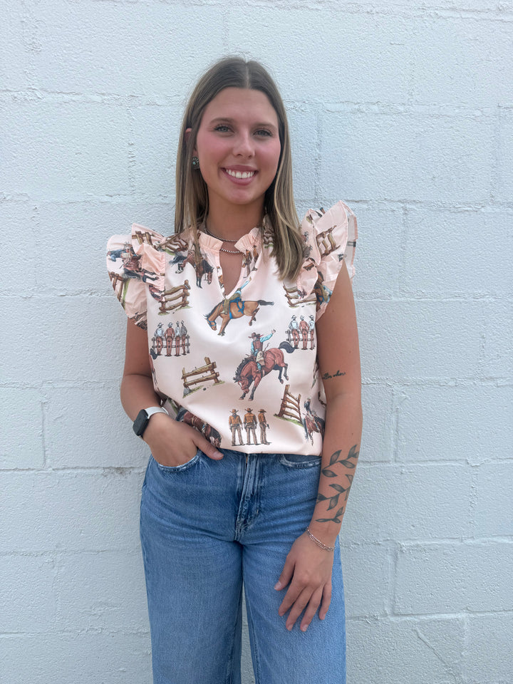 Light Peach Bucking Horse Western Print Ruffle Sleeve Top