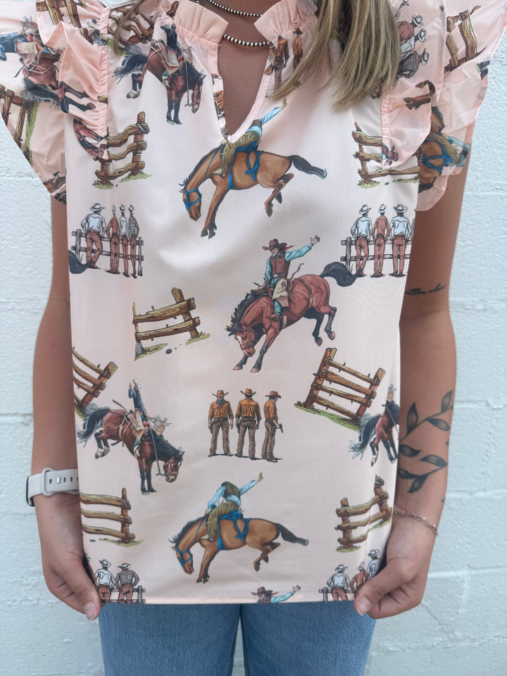 Light Peach Bucking Horse Western Print Ruffle Sleeve Top