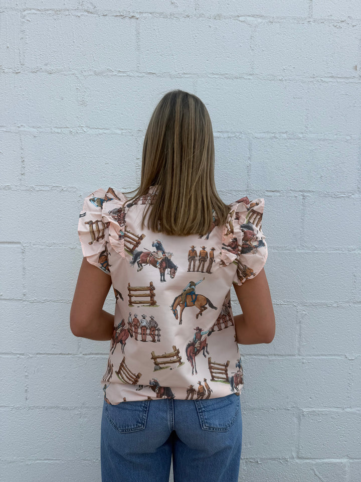 Light Peach Bucking Horse Western Print Ruffle Sleeve Top