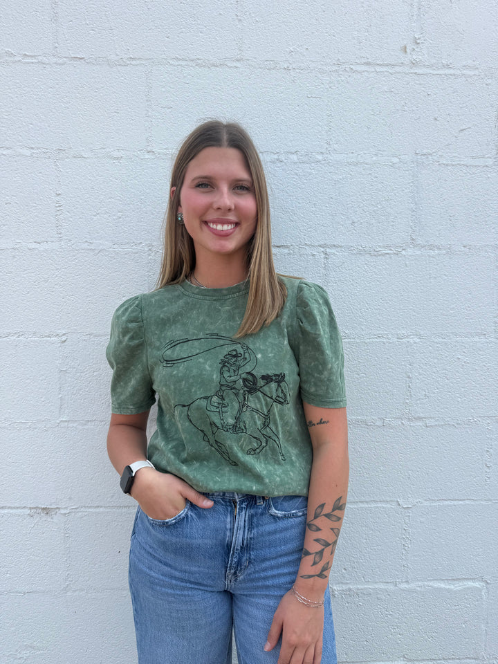 Green Olive Mineral Wash Cowboy Embroidered Puff Top