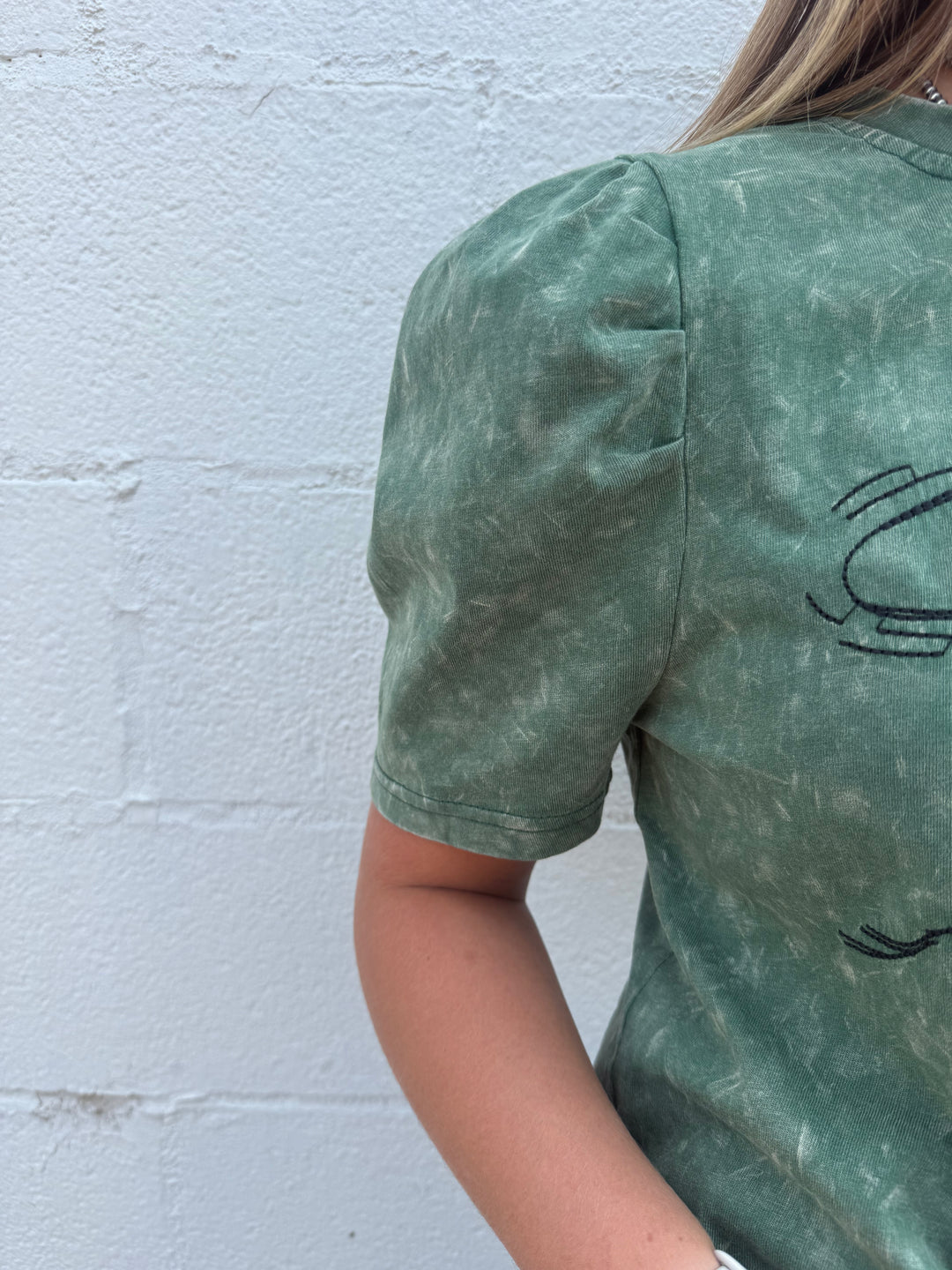 Green Olive Mineral Wash Cowboy Embroidered Puff Top