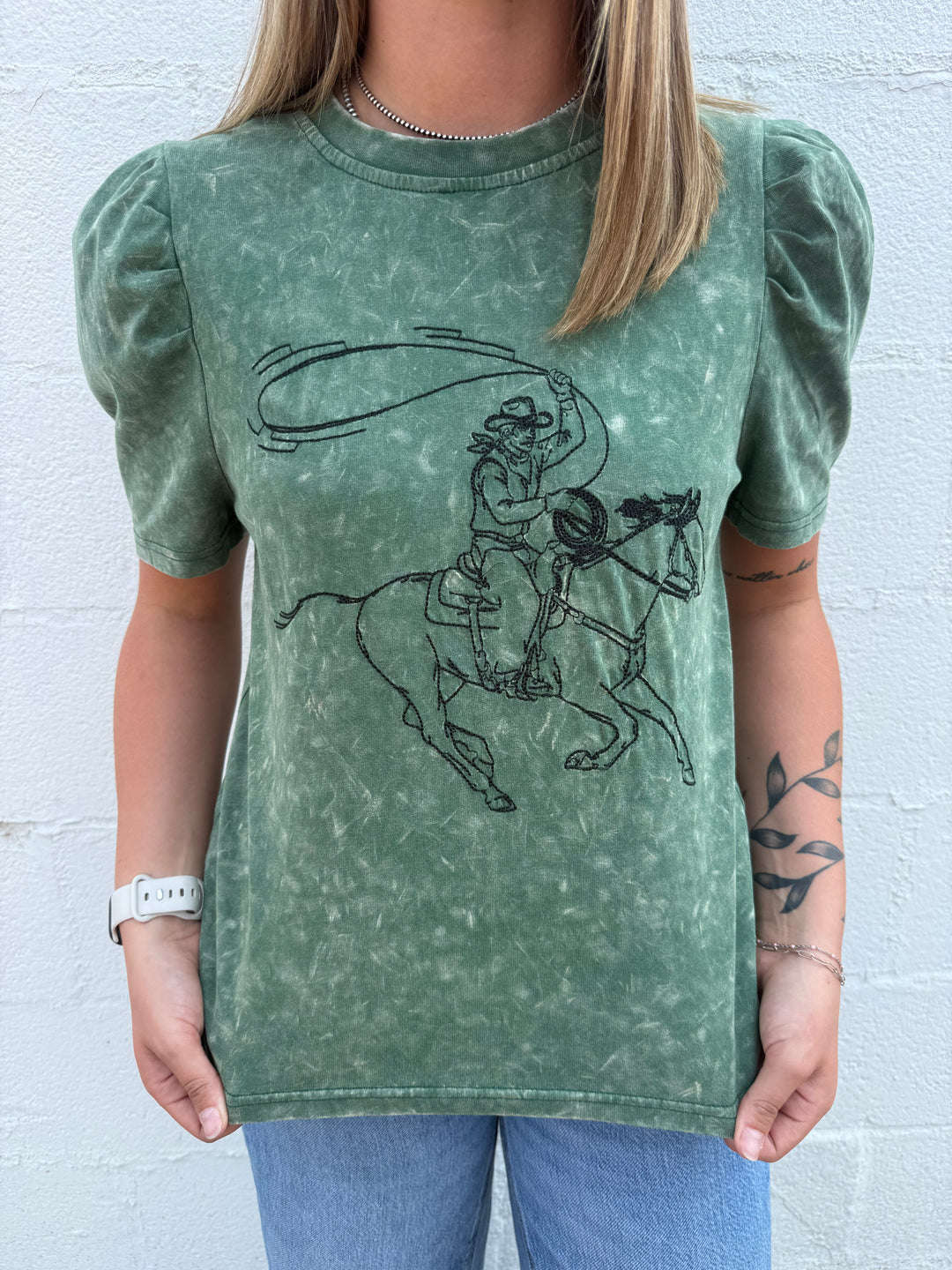 Green Olive Mineral Wash Cowboy Embroidered Puff Top