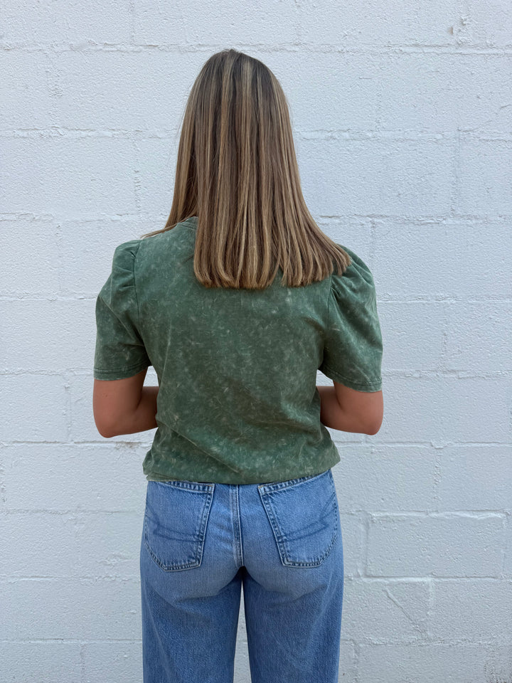 Green Olive Mineral Wash Cowboy Embroidered Puff Top