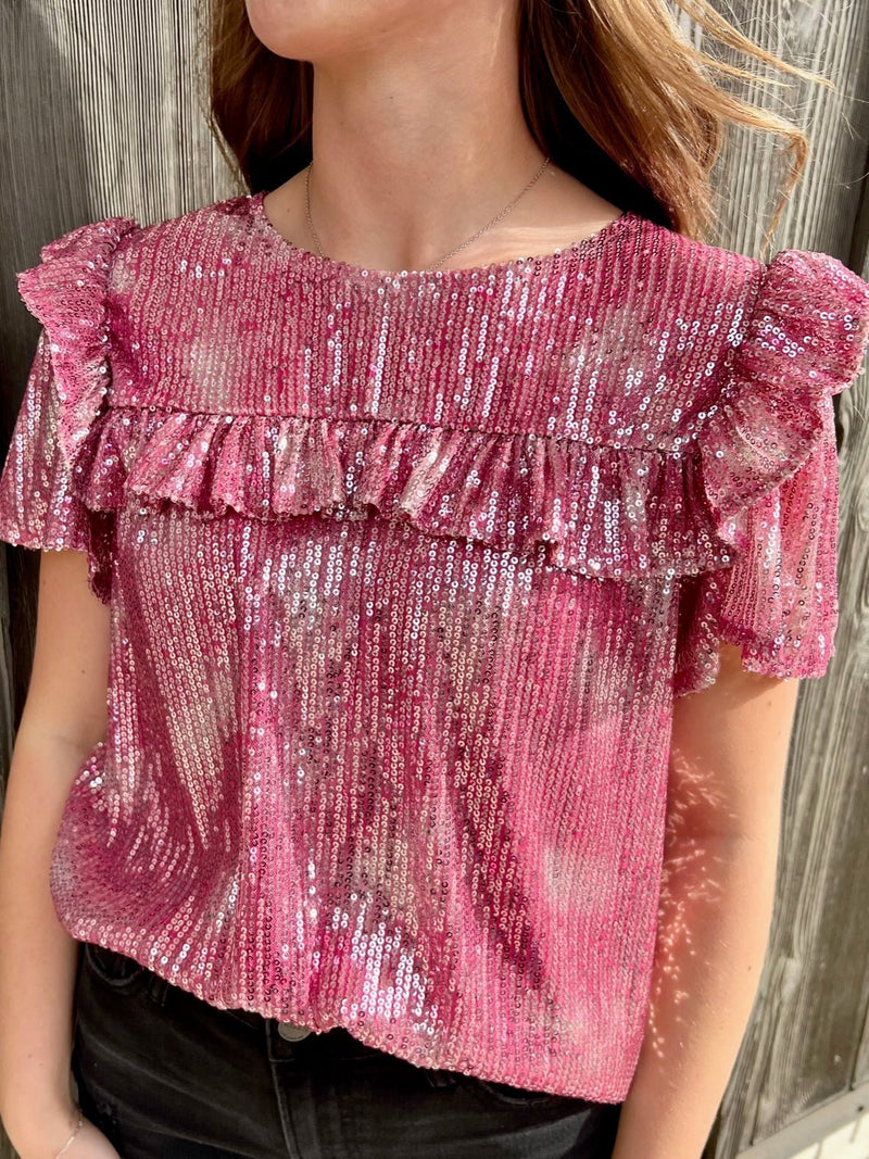 Life's a party and you'll be center stage in this sassy sequin top! Whether you choose vibrant pink or subtle taupe, you'll be ready to dance the night away with its short sleeves and flirty ruffle detail. Get the life of the party look in this fun top!  95% Polyester 5R% Elastane