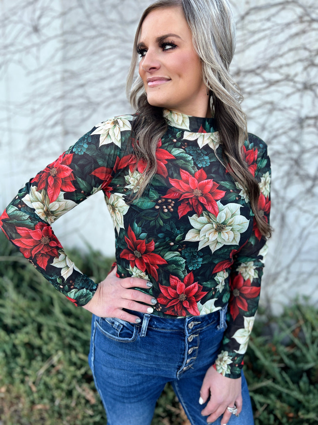 *LIMITED EDITION* Sterling Kreek Meet Me Under The Poinsettia Mesh Top | gussieduponline