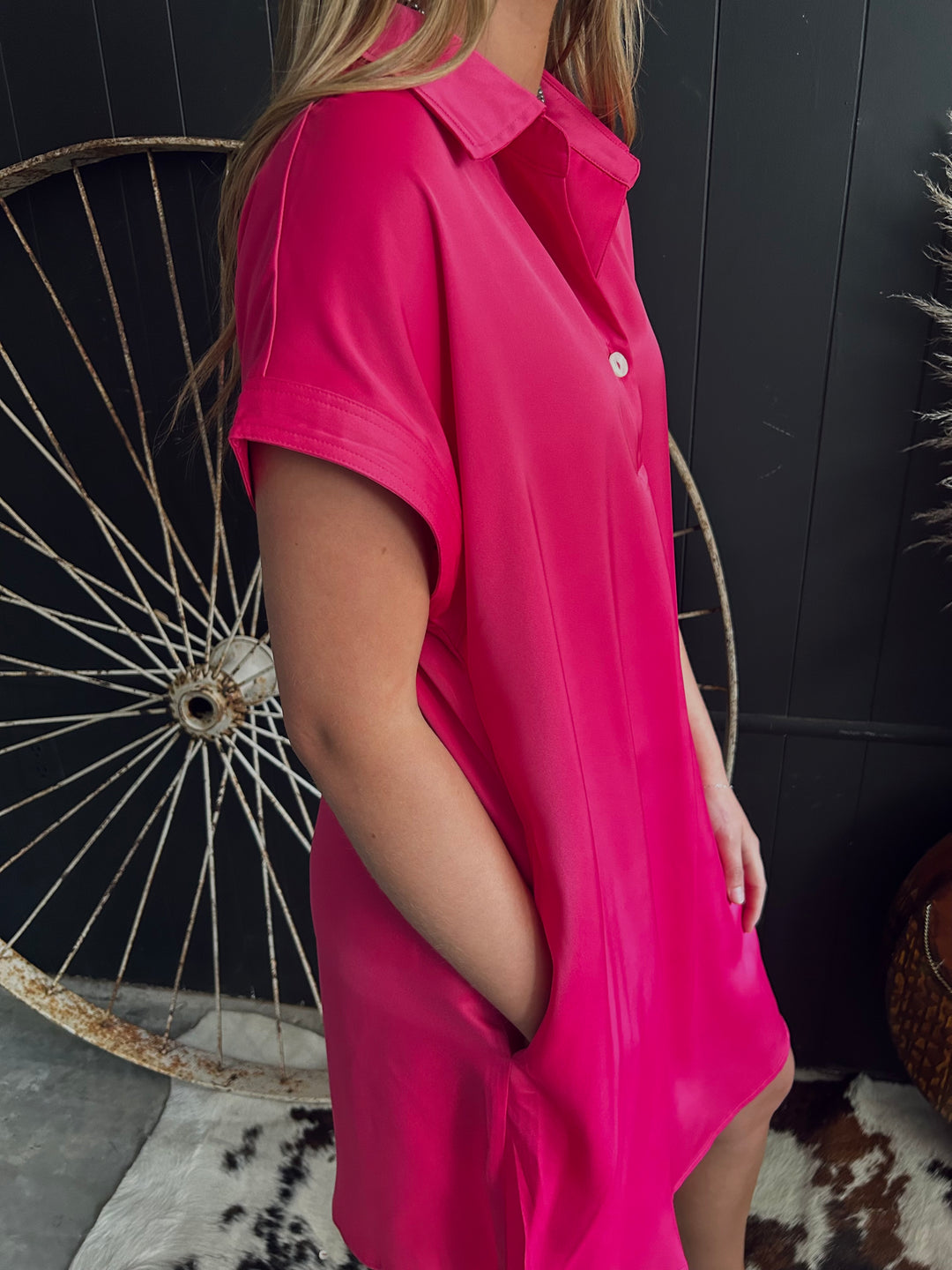 Rose Red Buttoned Collar Mini Dress*