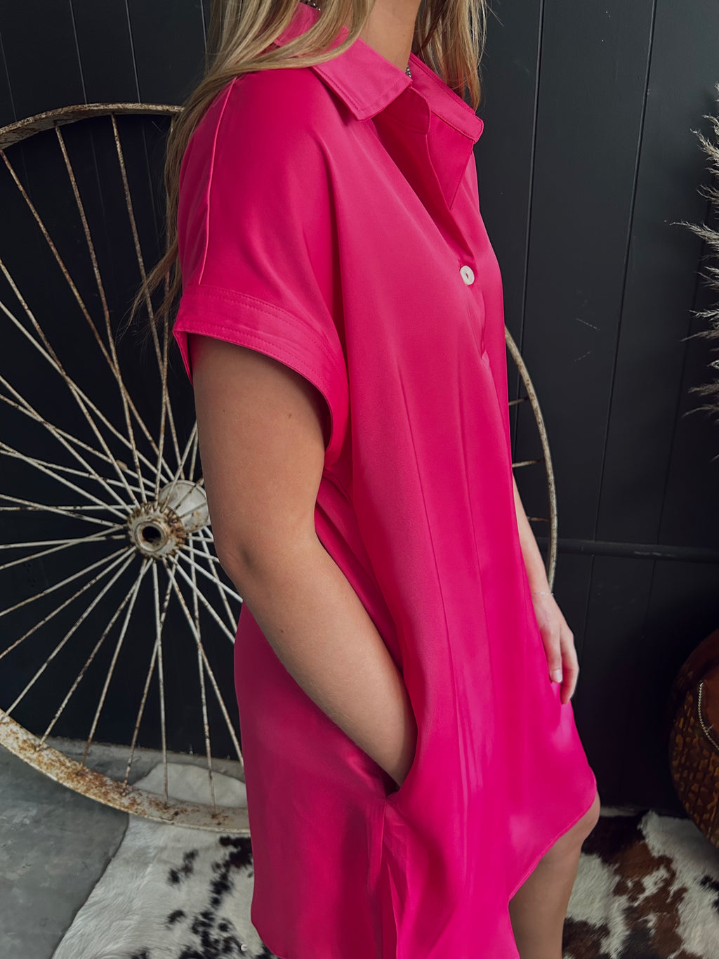 Rose Red Buttoned Collar Mini Dress