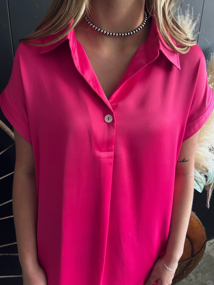 Rose Red Buttoned Collar Mini Dress*