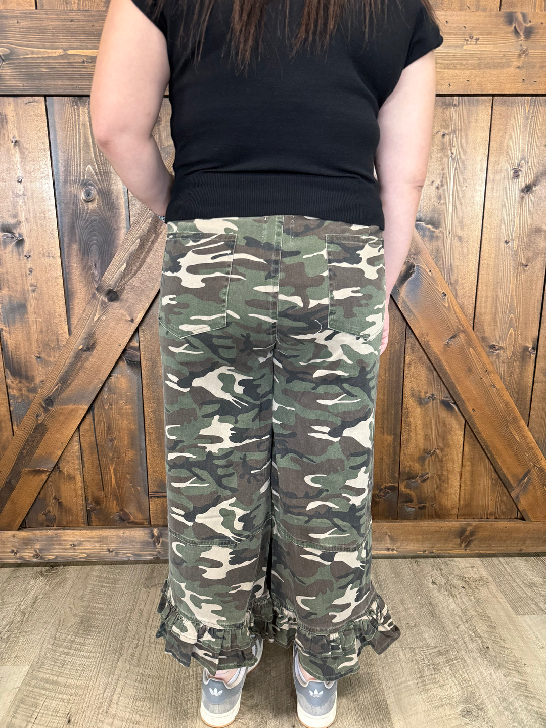Vintage Camo Ruffle Washed Wide Leg Pants