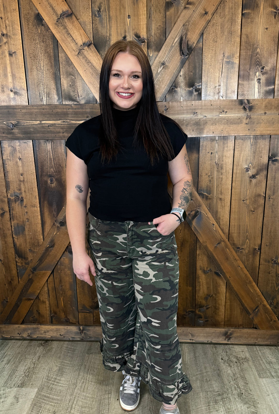 Vintage Camo Ruffle Washed Wide Leg Pants