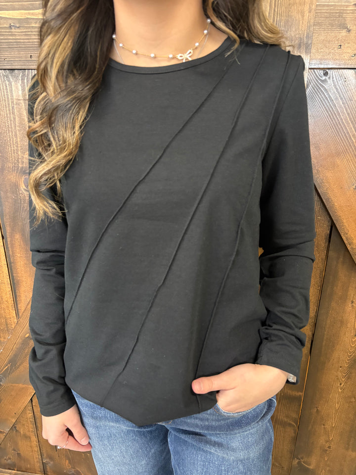 Asymmetric Seam Detail Long Sleeve Top- 3 Colors
