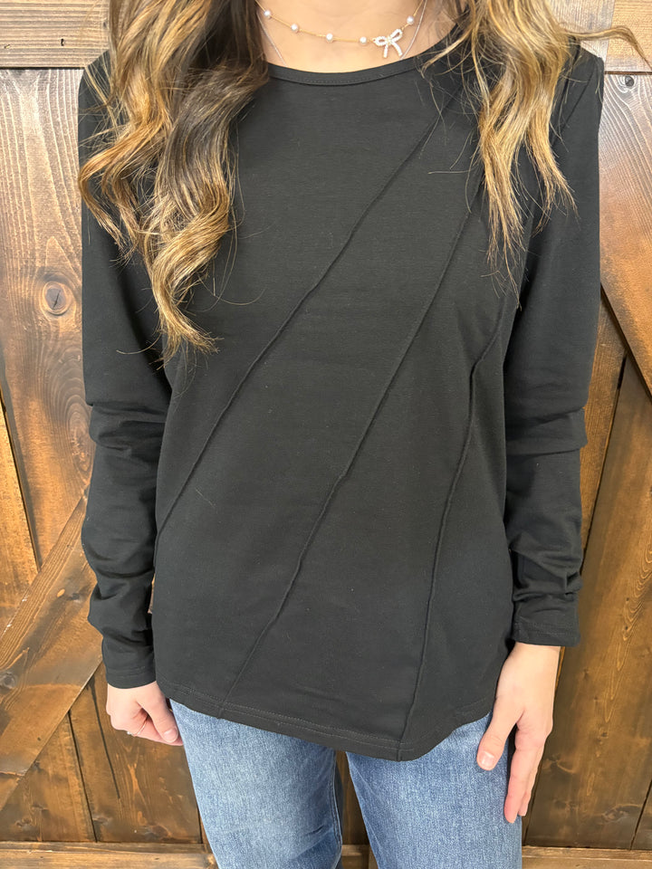 Asymmetric Seam Detail Long Sleeve Top- 3 Colors