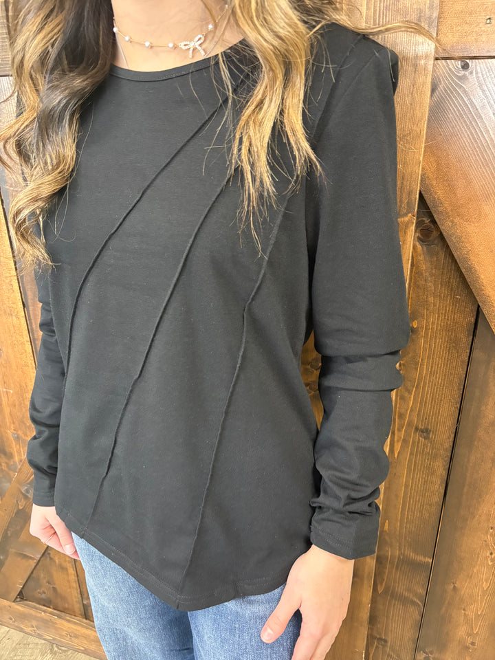 Asymmetric Seam Detail Long Sleeve Top- 3 Colors