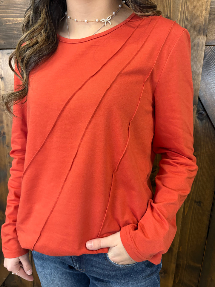 Asymmetric Seam Detail Long Sleeve Top- 3 Colors