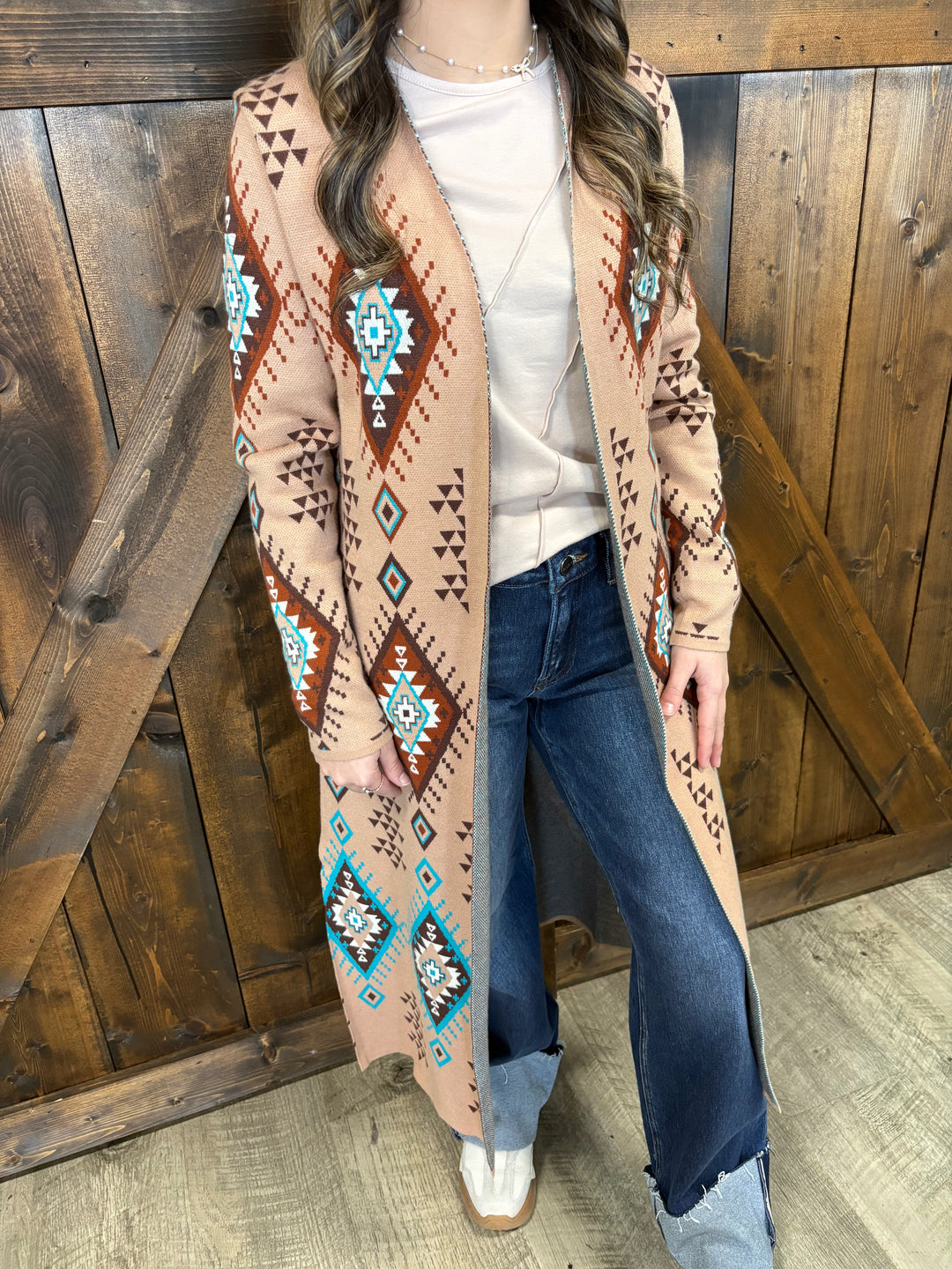 L&B Khaki Aztec Long Sleeve Knitted Cardigan