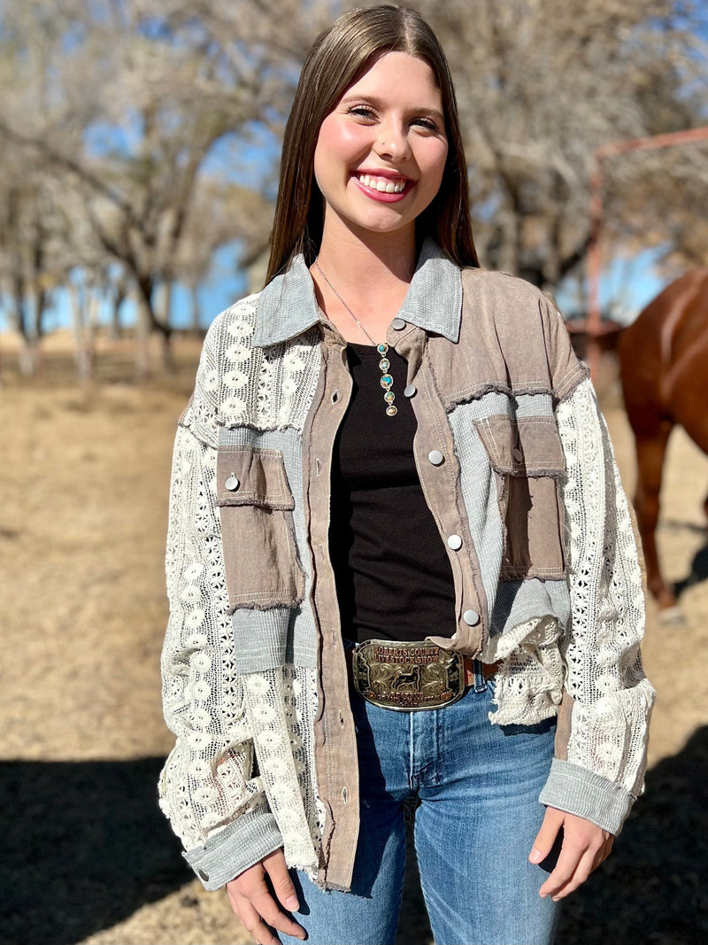 Long sleeve lightweight shacket. Lace and terry cloth shacket. Multi-design long sleeve button up shirt. Women's western wear. Women's western boutique. Online boutique. Small business. 