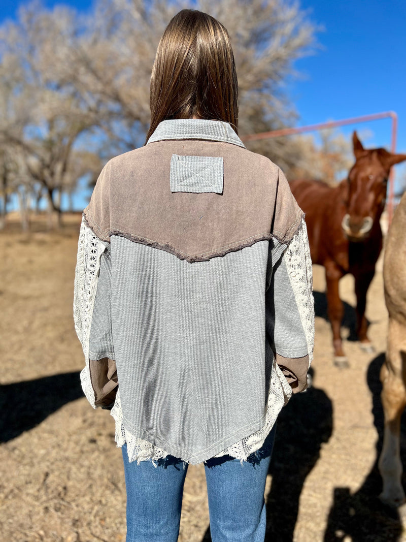 Long sleeve lightweight shacket. Lace and terry cloth shacket. Multi-design long sleeve button up shirt. Women's western wear. Women's western boutique. Online boutique. Small business. 