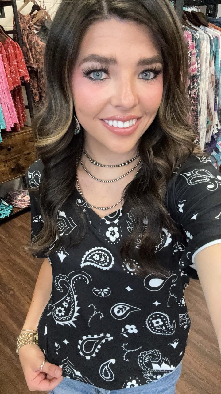 Sterling Kreek Black Bandana Babe V Neck Top