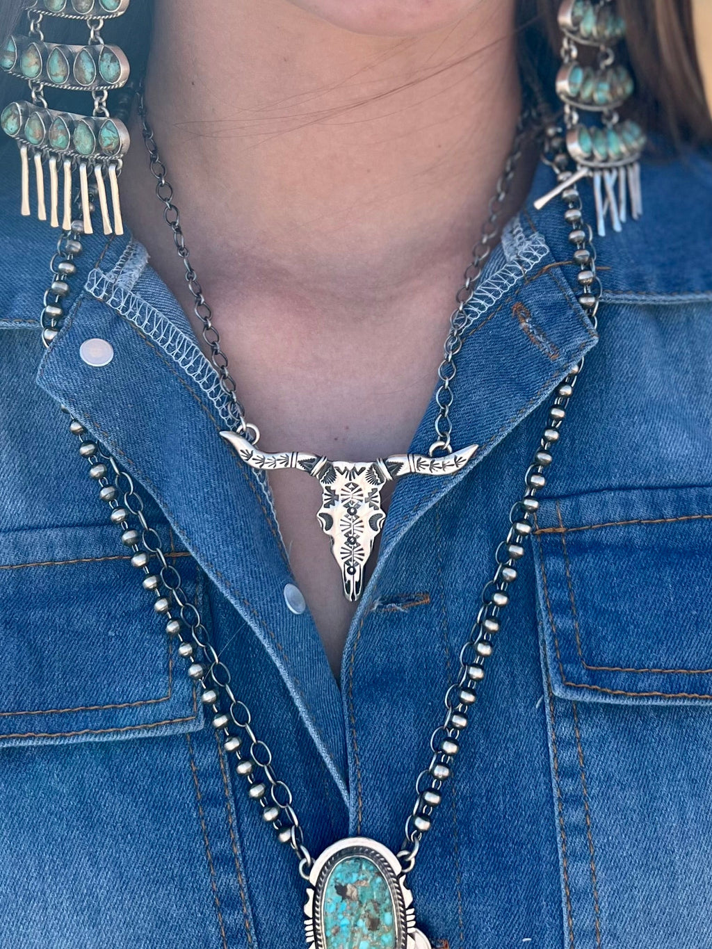 Texas Walker Longhorn Navajo Handcrafted Sterling Necklace