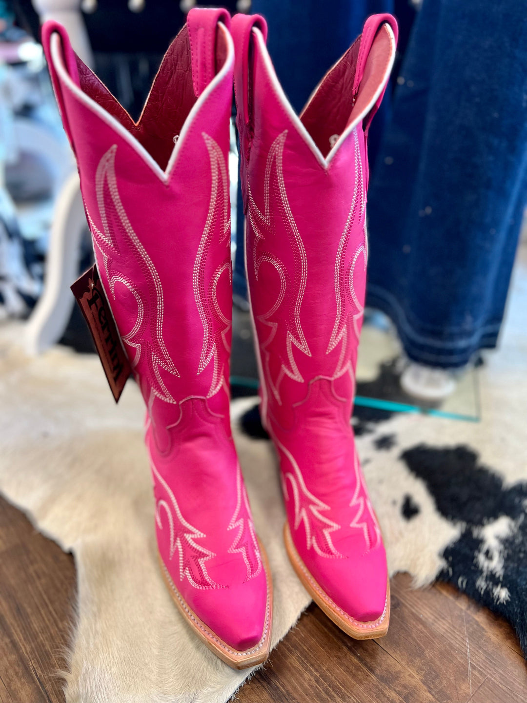 Ferrini Boot Company I Gussied Up Online. pink. cowgirl boots. Western cowgirl boots. hot pink. genuine leather. v toe. knee high. boots. sassy. western boot stitching. Small business. Western Women's Boutique. Ships fast from Texas. 
