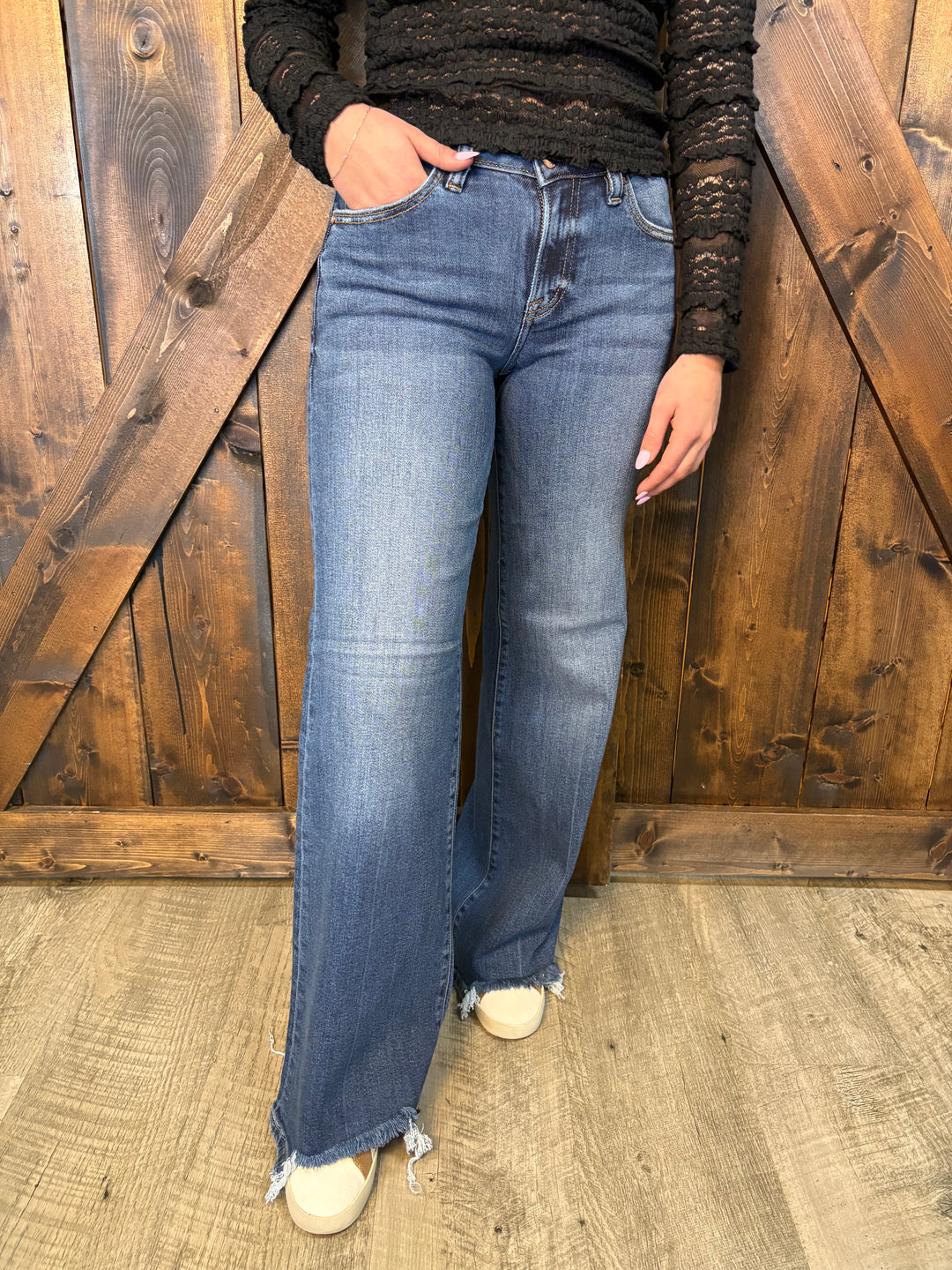 Risen Mid Rise Dark Wash Wide Leg Jeans