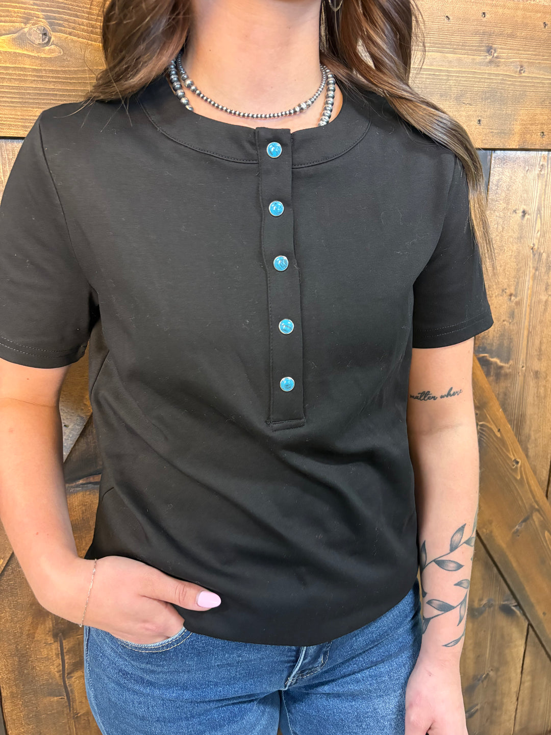 L&B Black Short Sleeve Turquoise Snap Button Down Shirt