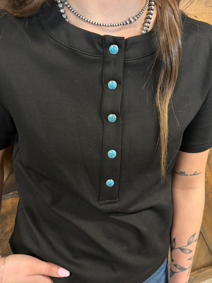 L&B Black Short Sleeve Turquoise Snap Button Down Shirt